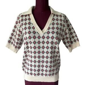 FRNCH | Cream and Pink Diamond V-Neck Sweater Polo (New with Tags)